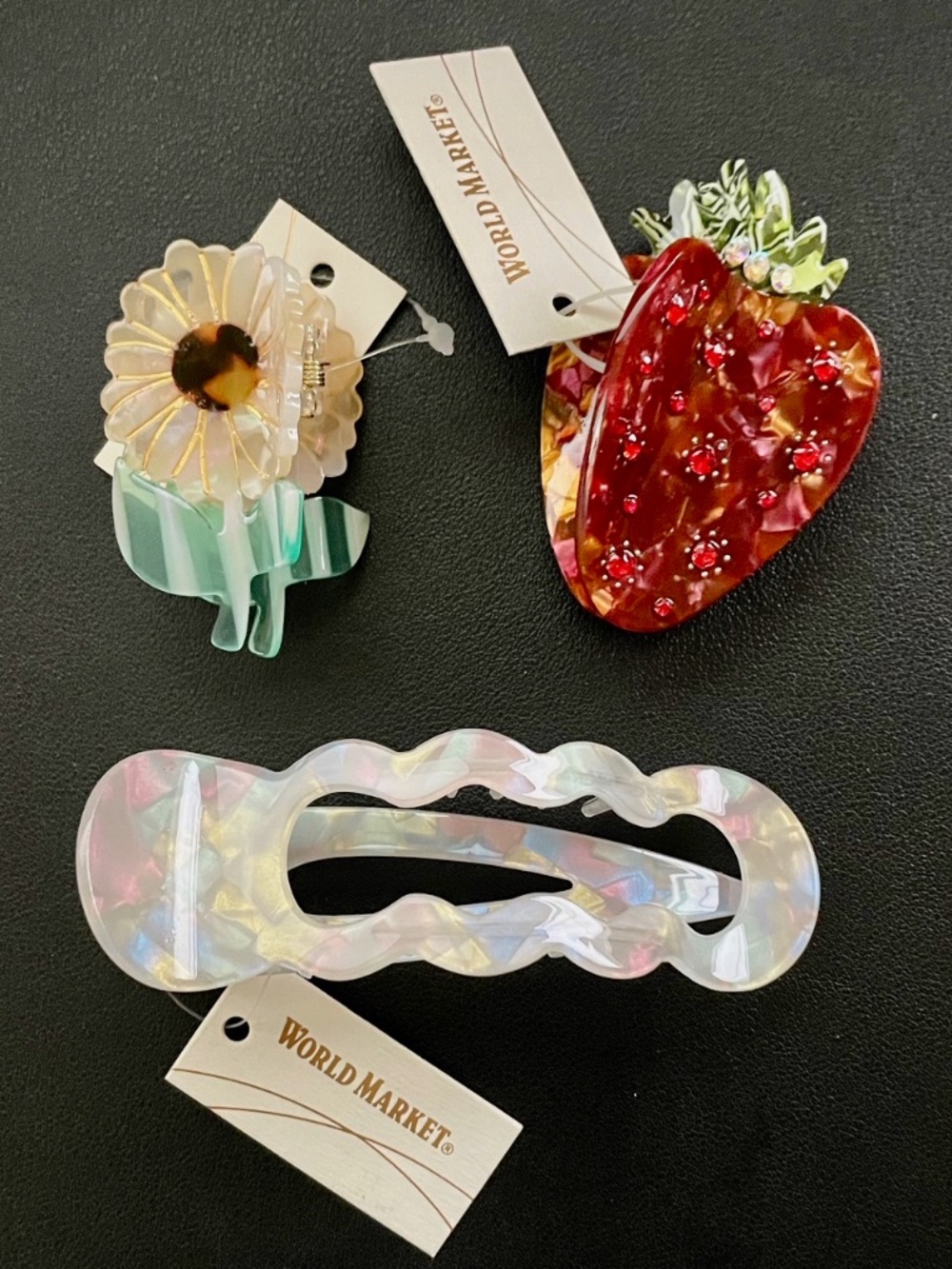 NWT WORLD MARKET ACRYLIC STRAWBERRY CRYSTAL FLOWER HAIR CLIP CLAWS - LOT OF 3